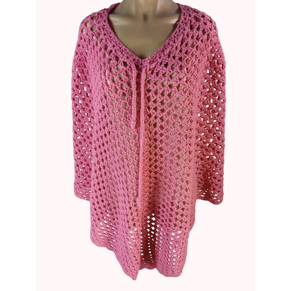 Bohemian Retro Light Pink Crochet Poncho Tie Adjustable Cottagecore Festival OS - Picture 2 of 6